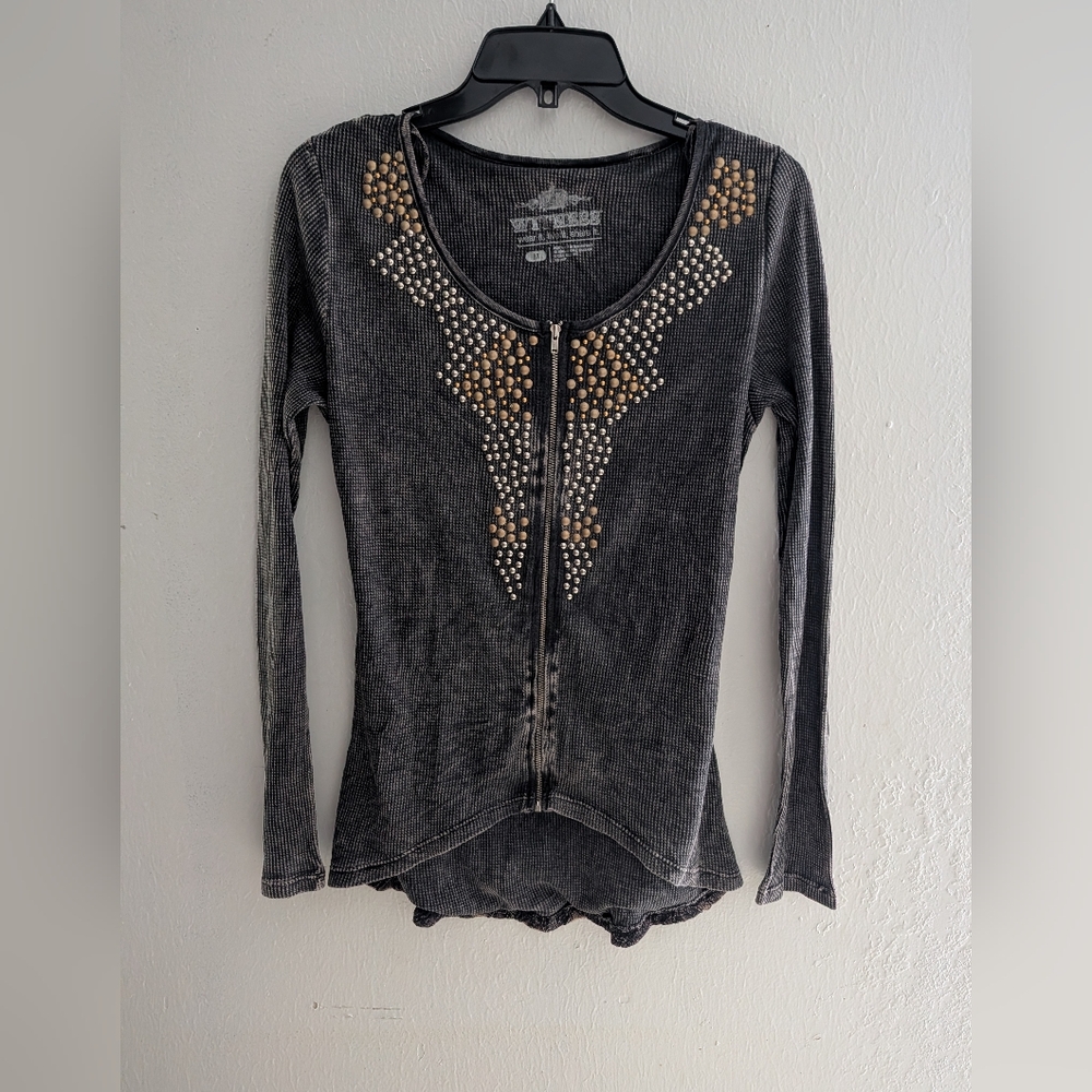 Witness Acid Wash Charcoal Long Sleeve Top with Gold Accents